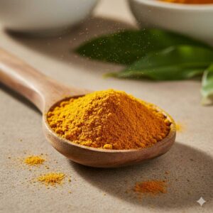 Ground turmeric spice in wooden spoon showing golden yellow color