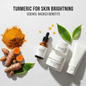Turmeric powder and fresh turmeric root on white background with skincare products
