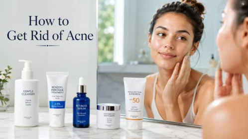 How to get rid of acne with an evidence-based skincare routine featuring cleanser, acne treatment, moisturizer, and sunscreen.