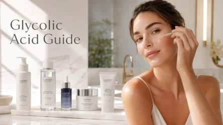 Glycolic acid guide showing a woman applying glycolic acid serum with cleanser, moisturizer, and sunscreen for healthy glowing skin.