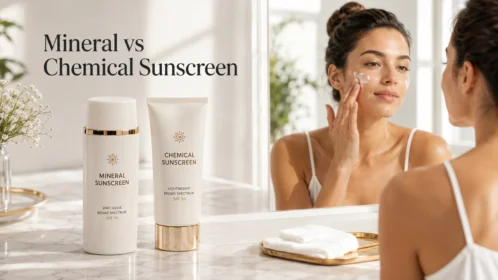 Mineral vs chemical sunscreen comparison showing two sunscreen types for daily broad-spectrum UV protection.