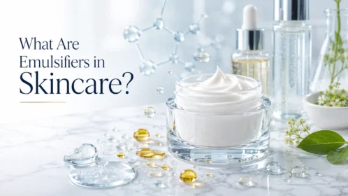 What are emulsifiers in skin care explained with a luxury moisturizer showing how oil and water combine into a stable skincare cream.