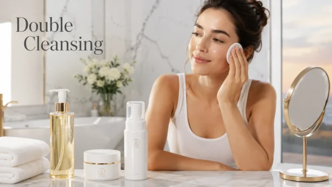 What is double cleansing showing an evening skincare routine with cleansing oil and water-based cleanser for healthy skin.