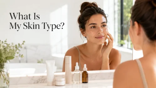 What is my skin type showing a healthy skincare routine with cleanser, moisturizer, sunscreen, and glowing skin.