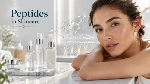 Peptides in skincare showing peptide serum products and a dermatology-inspired view of healthy skin.